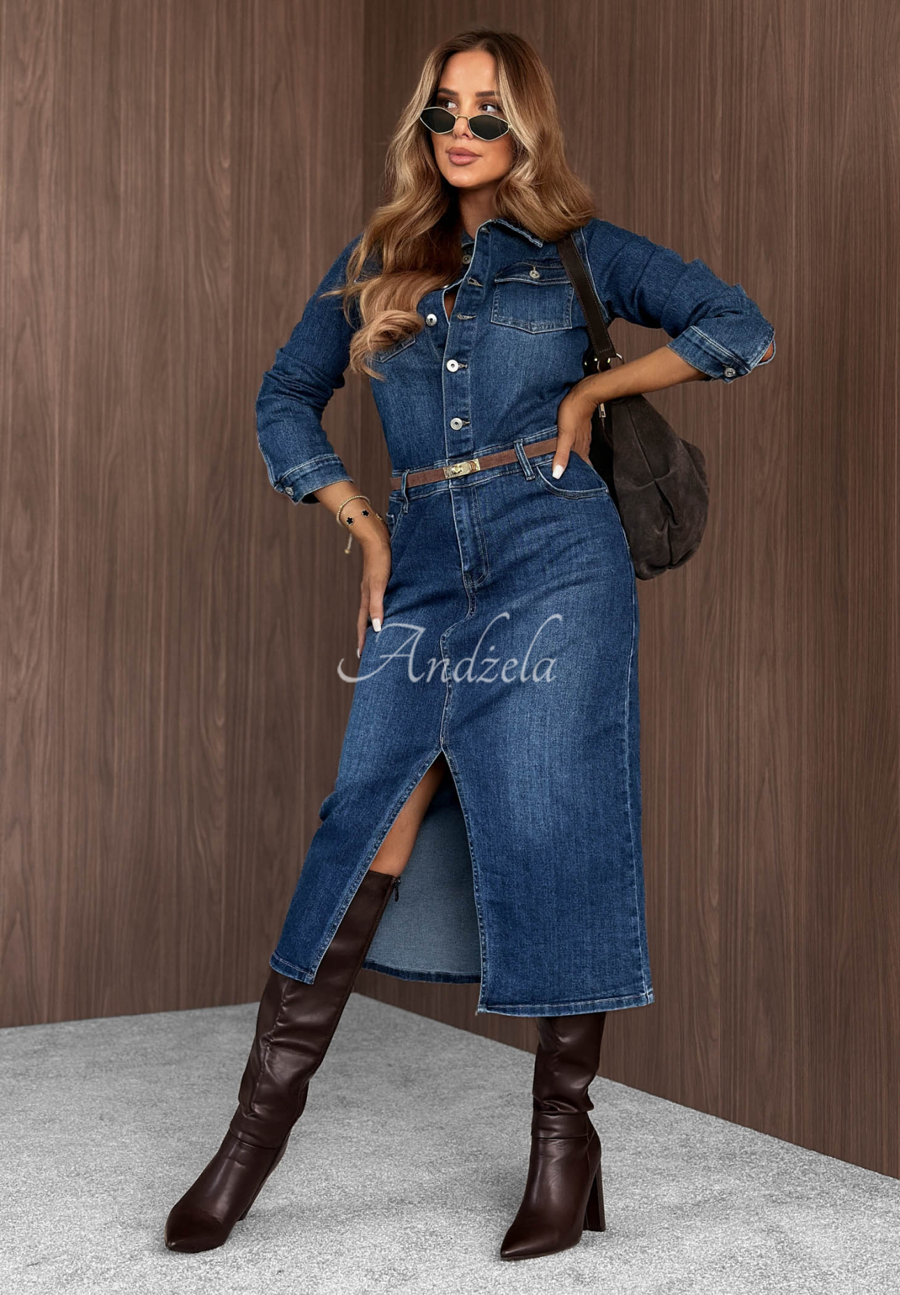 Maple Sunset Navy Blue Denim Midi Dress