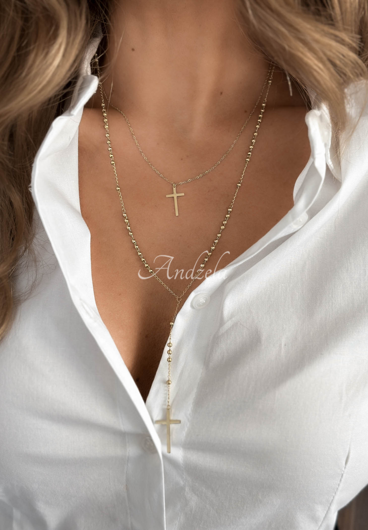 Naszyjnik z krzyżykiem i kuleczkami Golden Beads złoty