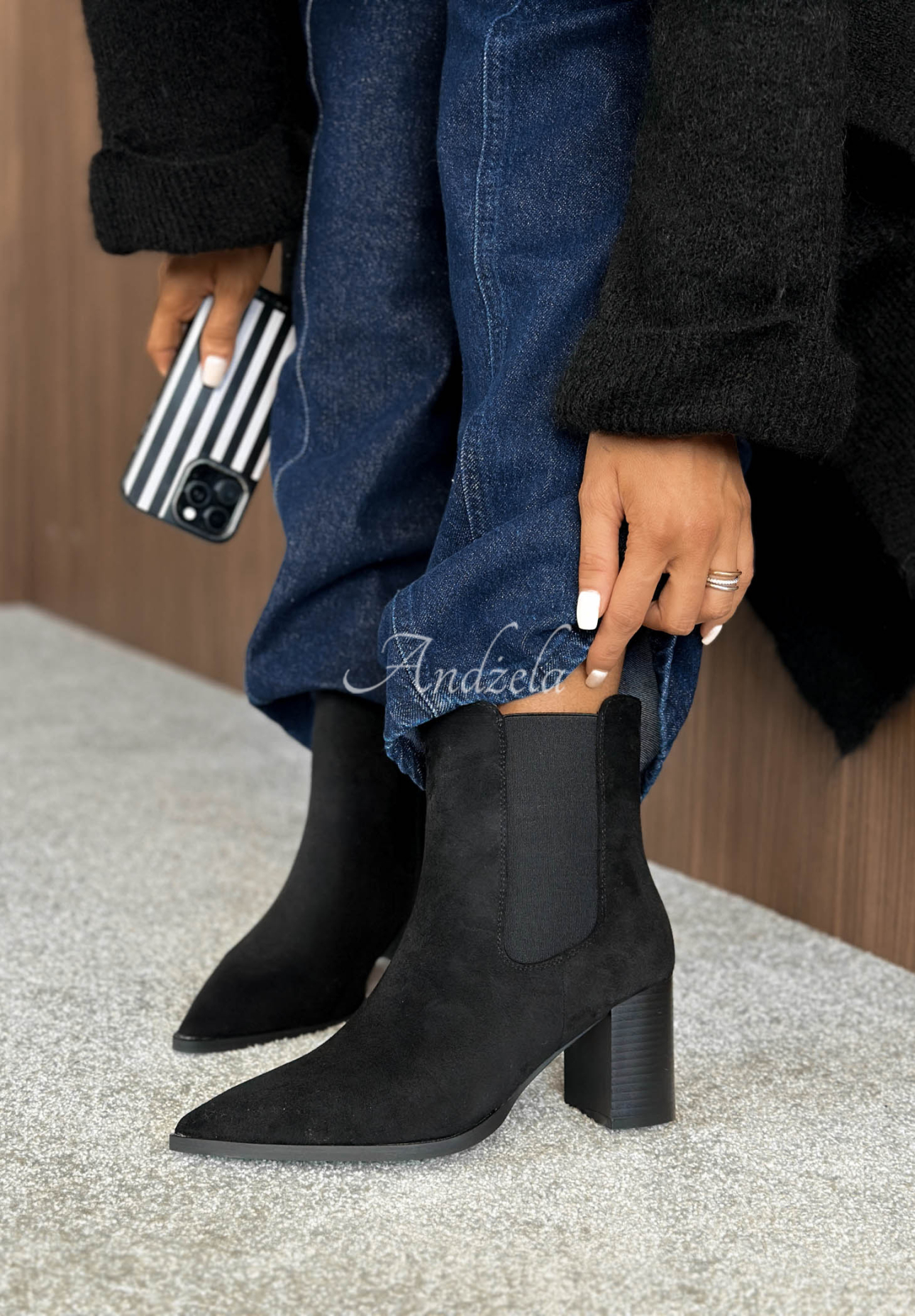 Spiced Latte Black Suede Ankle Boots with Pointed Toes