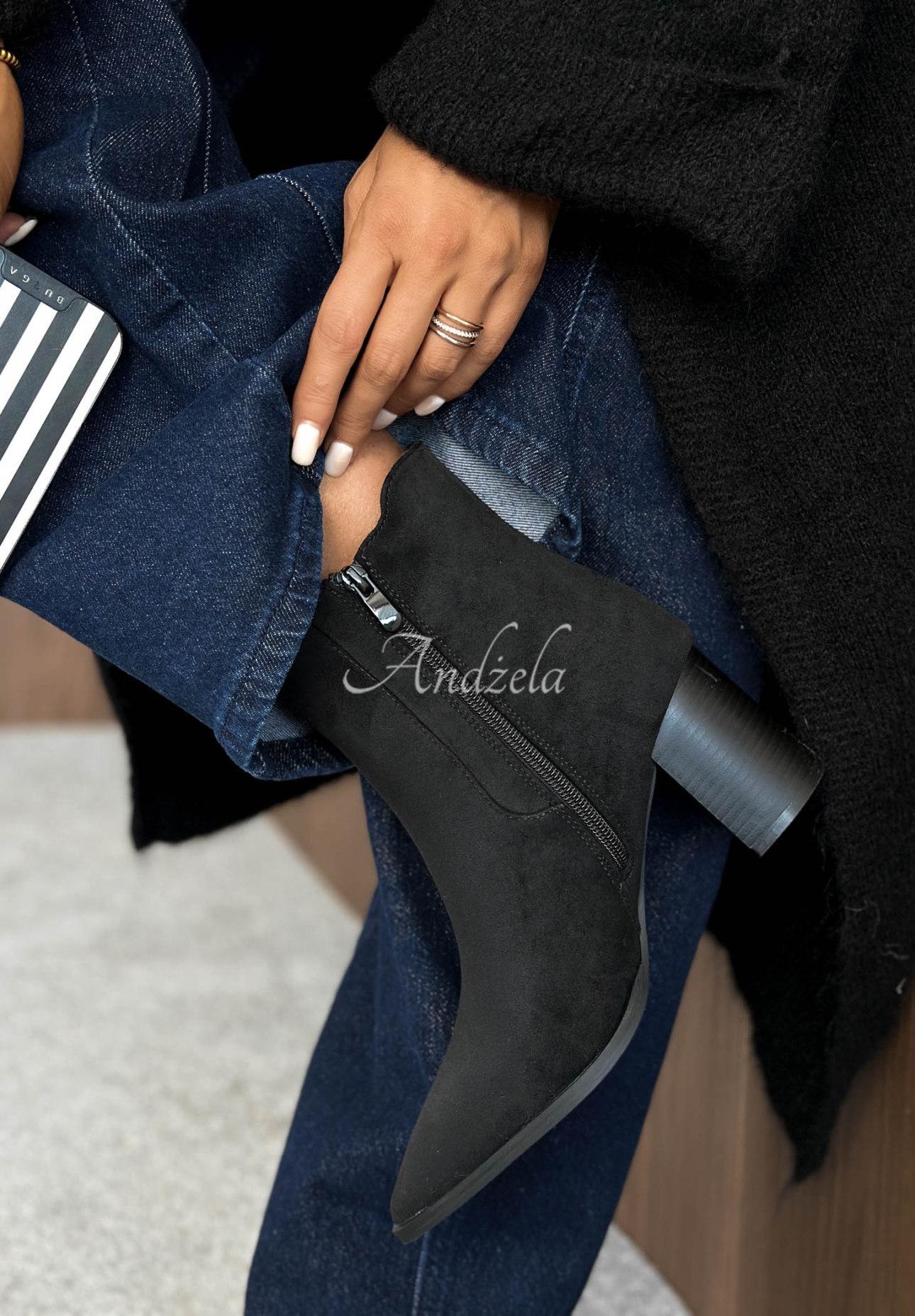 Spiced Latte Black Suede Ankle Boots with Pointed Toes
