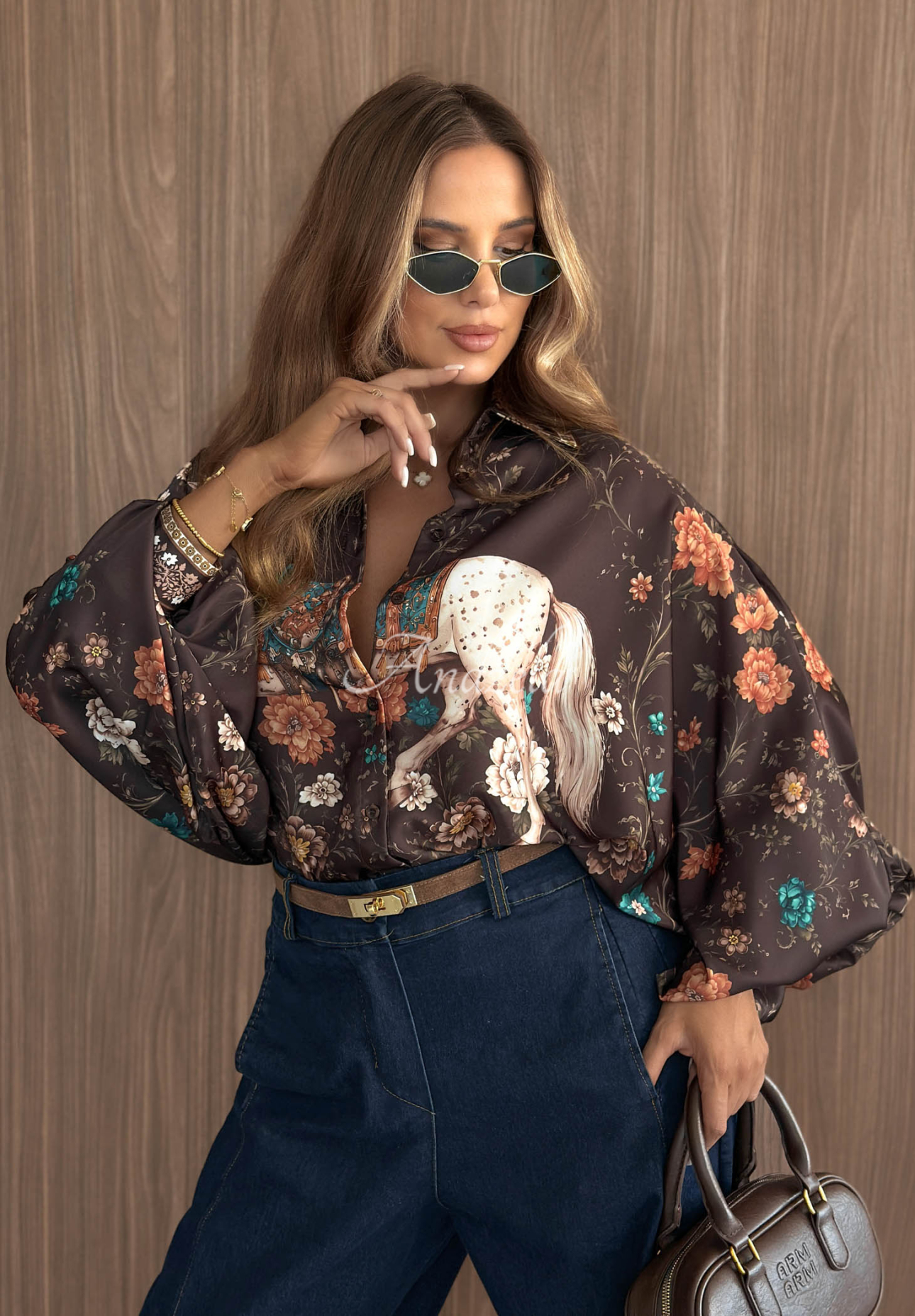 Satin shirt with wide sleeves in the "Silent Harmony" pattern, chocolate brown