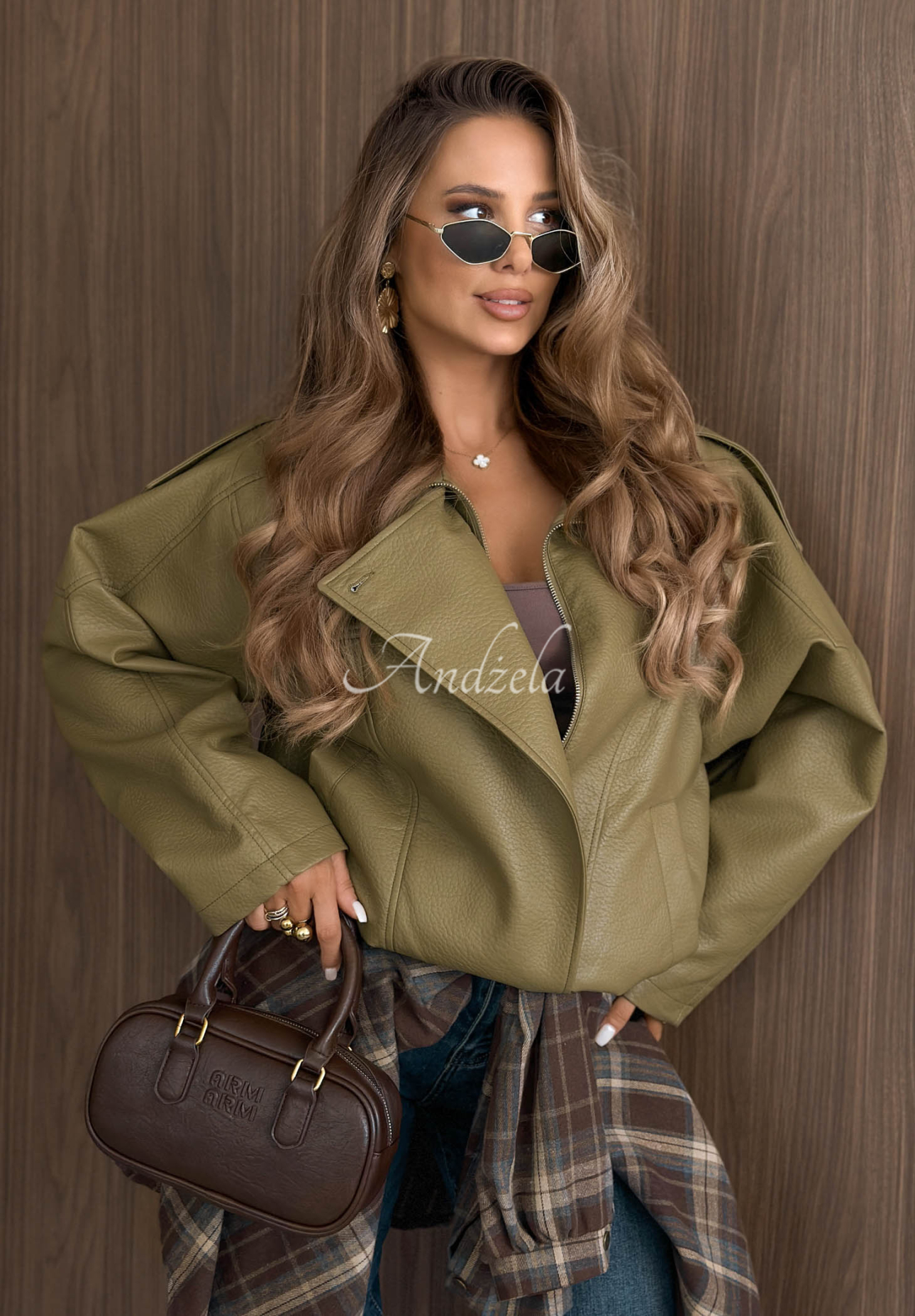 Amber Mood Olive Green Leather Jacket with Drawstring