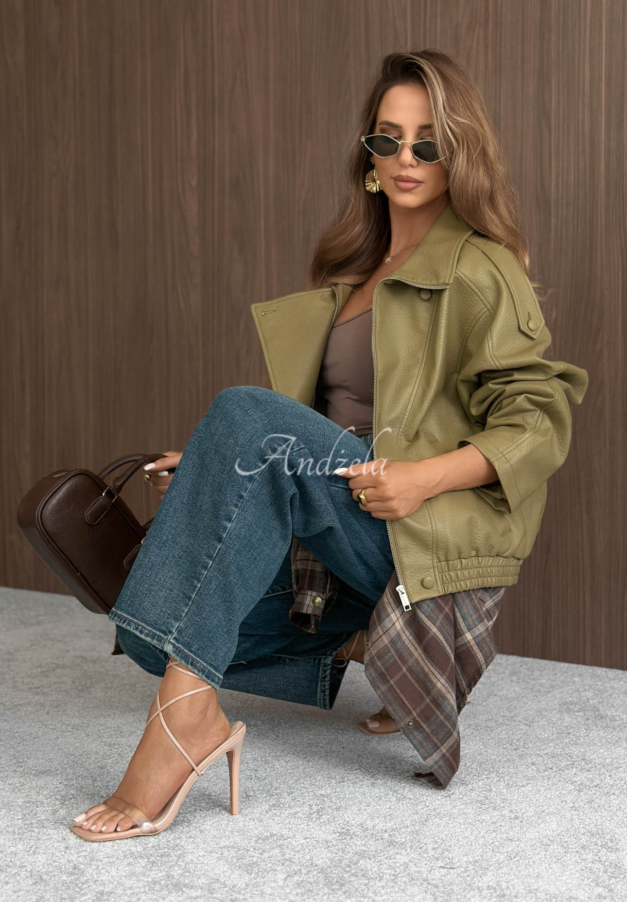 Amber Mood Olive Green Leather Jacket with Drawstring