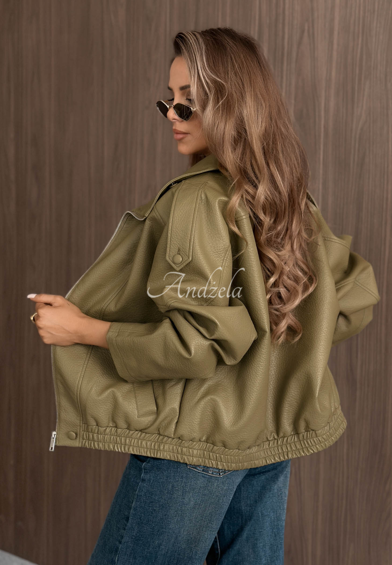 Amber Mood Olive Green Leather Jacket with Drawstring