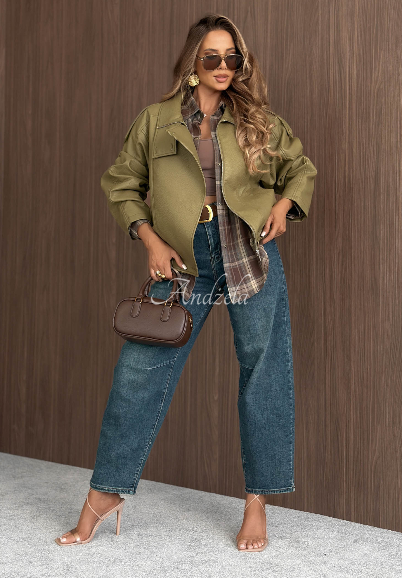 Amber Mood Olive Green Leather Jacket with Drawstring