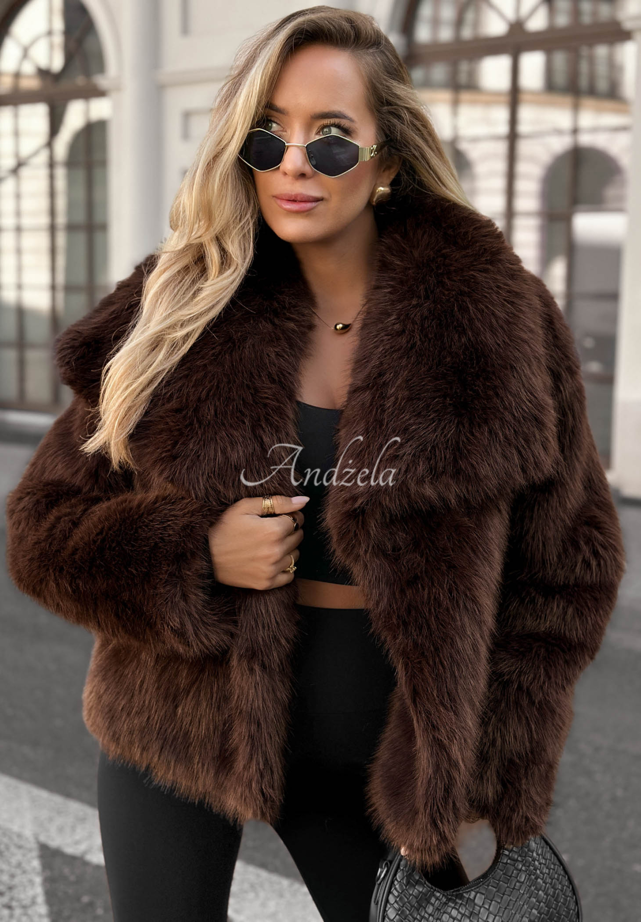 Soft October Short Fur Coat with Collar, Chocolate Brown