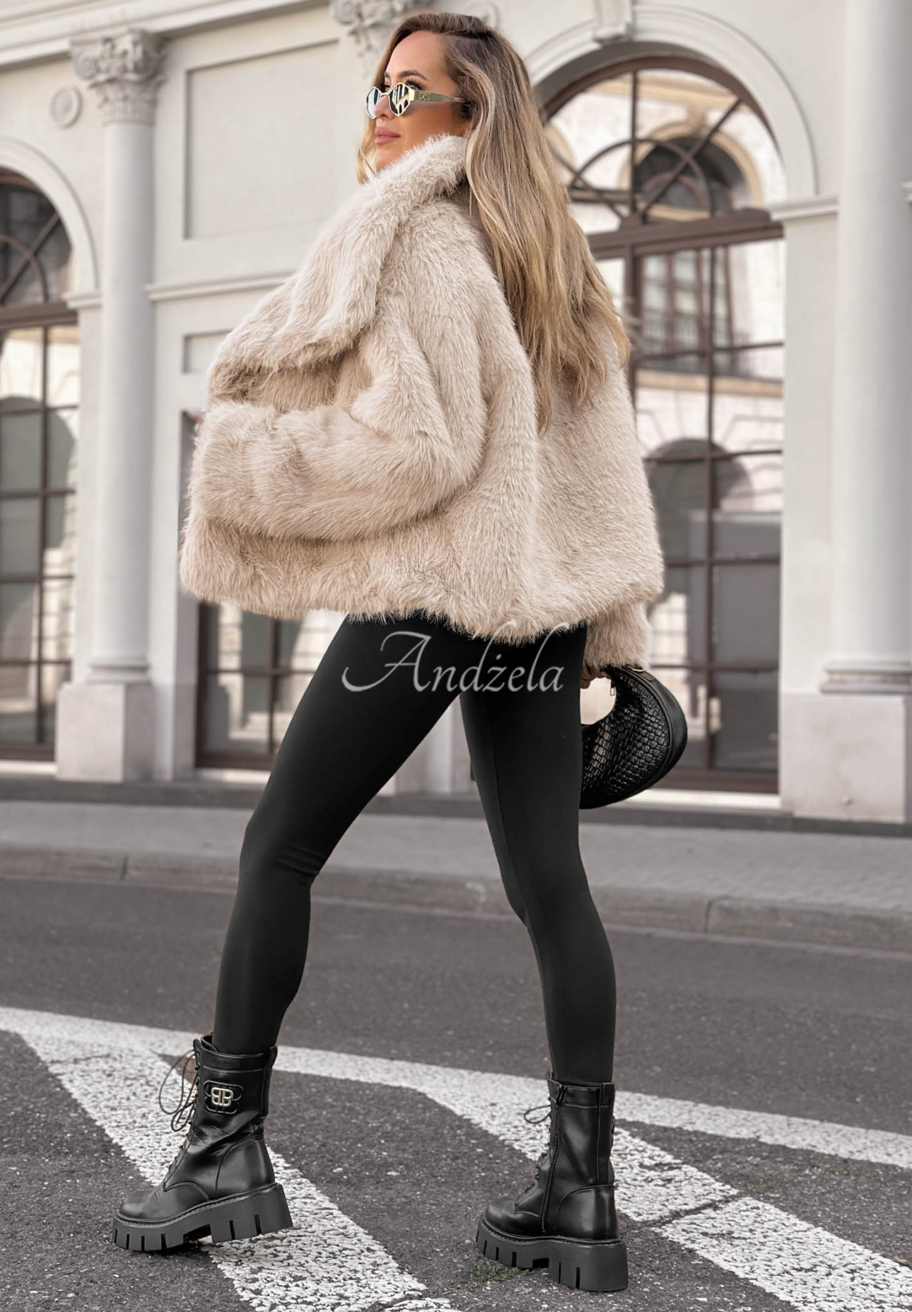 Soft October Short Fur Coat with Collar, Beige