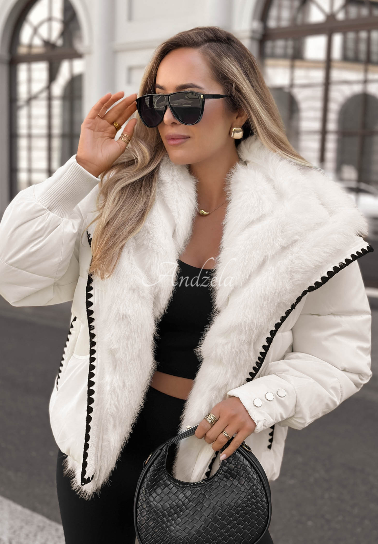 Alpine Cozy Short Quilted Jacket with Fur Trim in Ecru