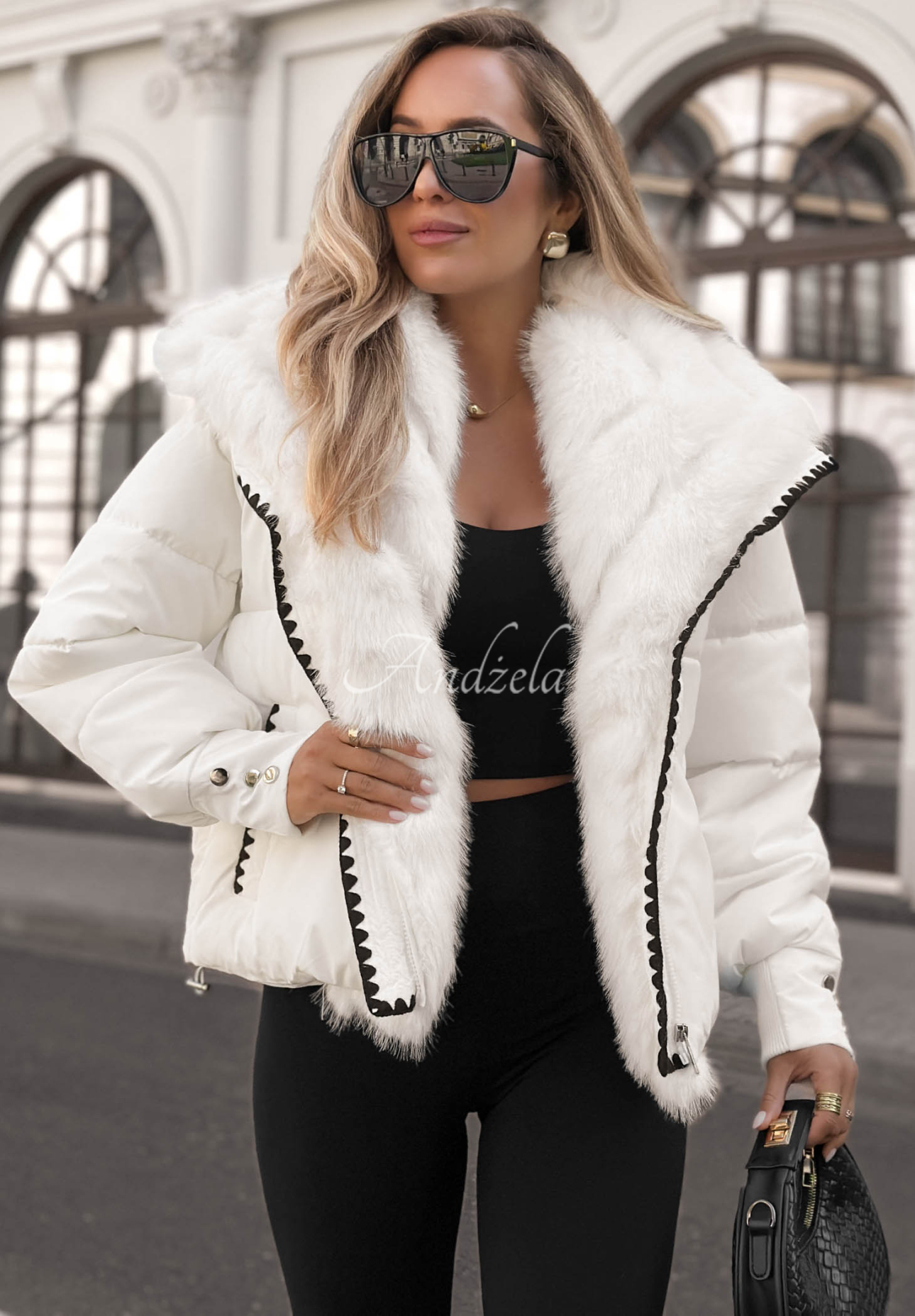 Alpine Cozy Short Quilted Jacket with Fur Trim in Ecru