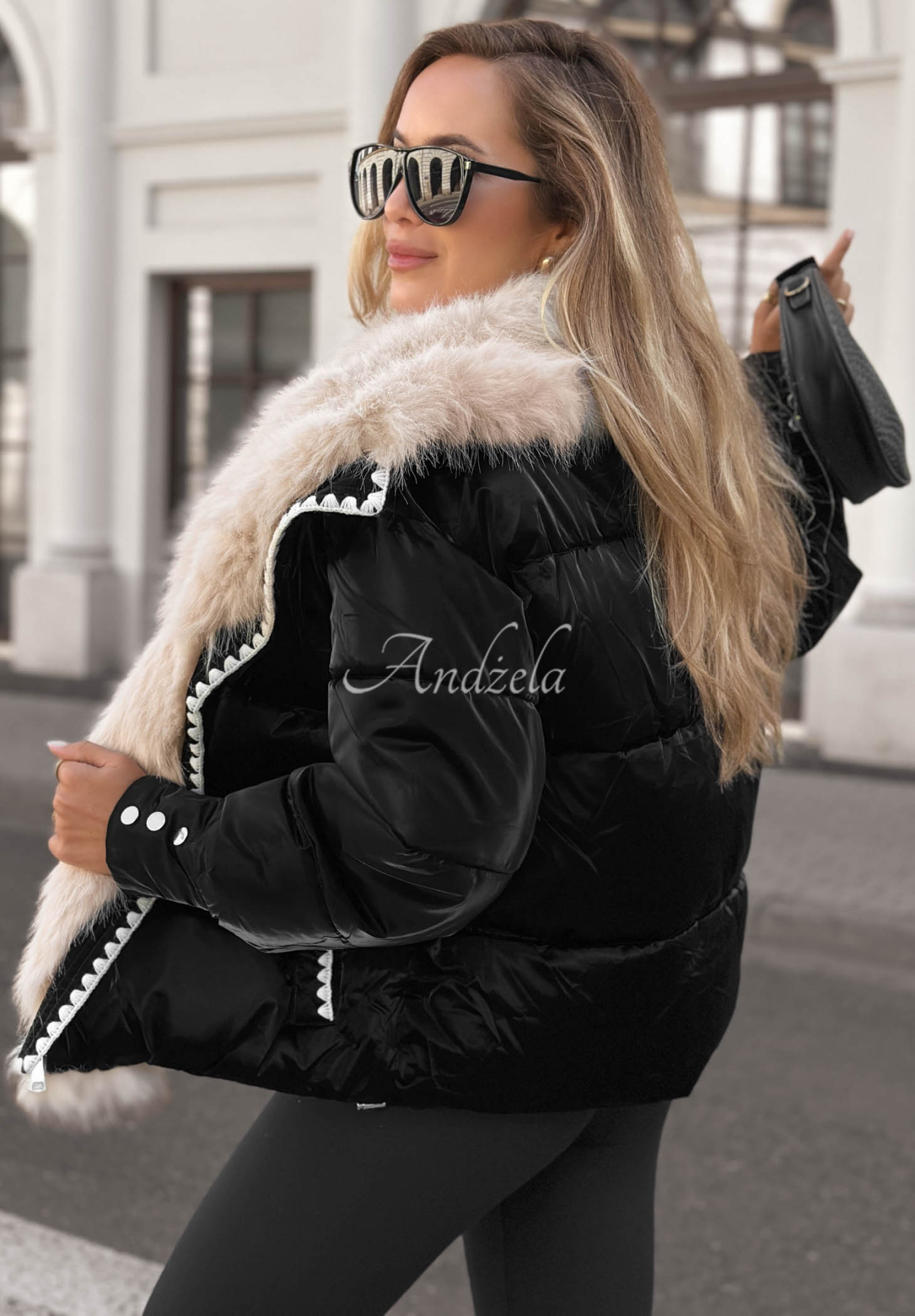 Alpine Cozy Short Quilted Jacket with Fur Trim, Black