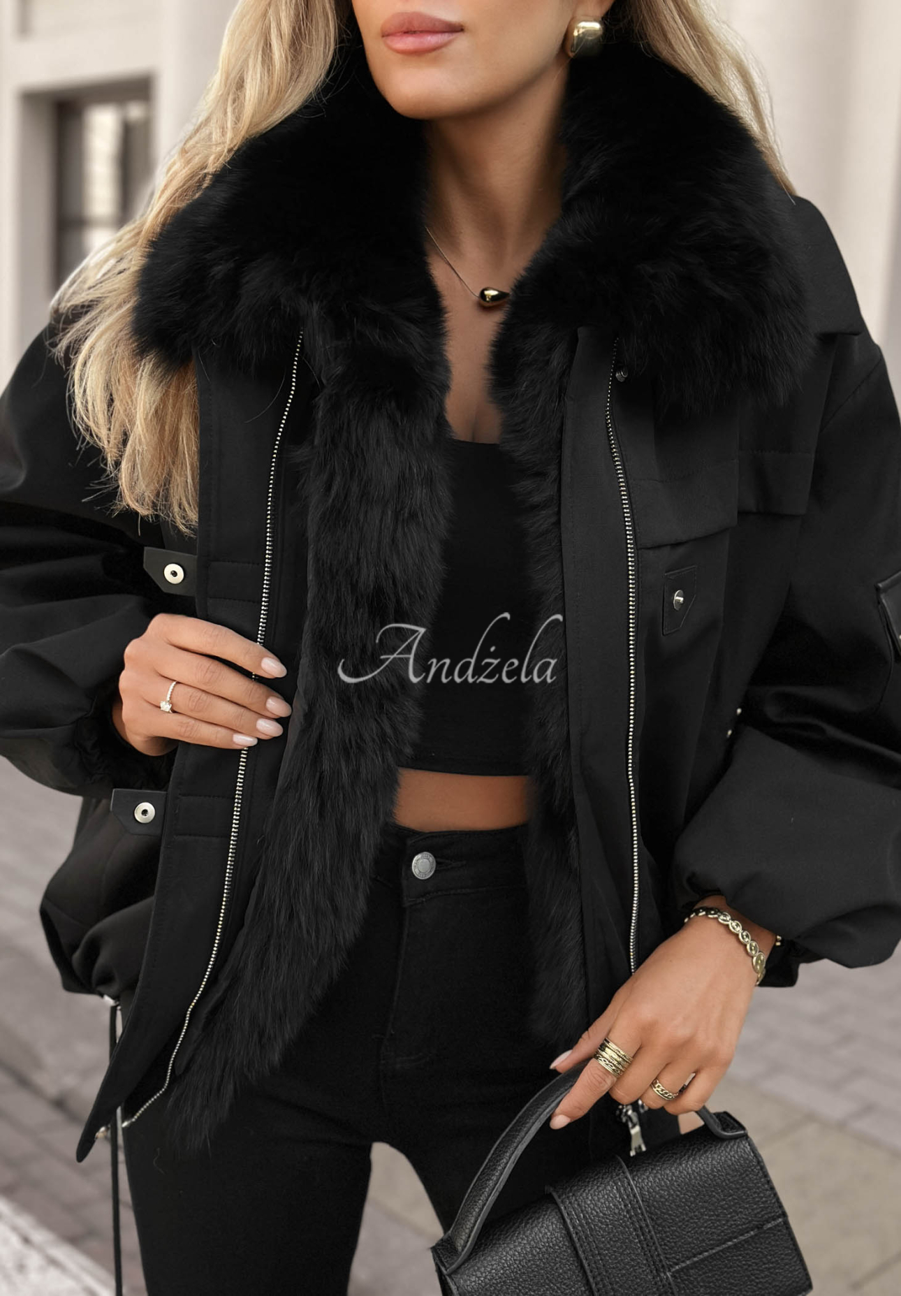 Cold North Short Parka Jacket with Fur, Black