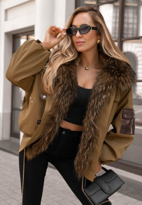 Cold North Short Parka Jacket with Fur Trim, Olive Green