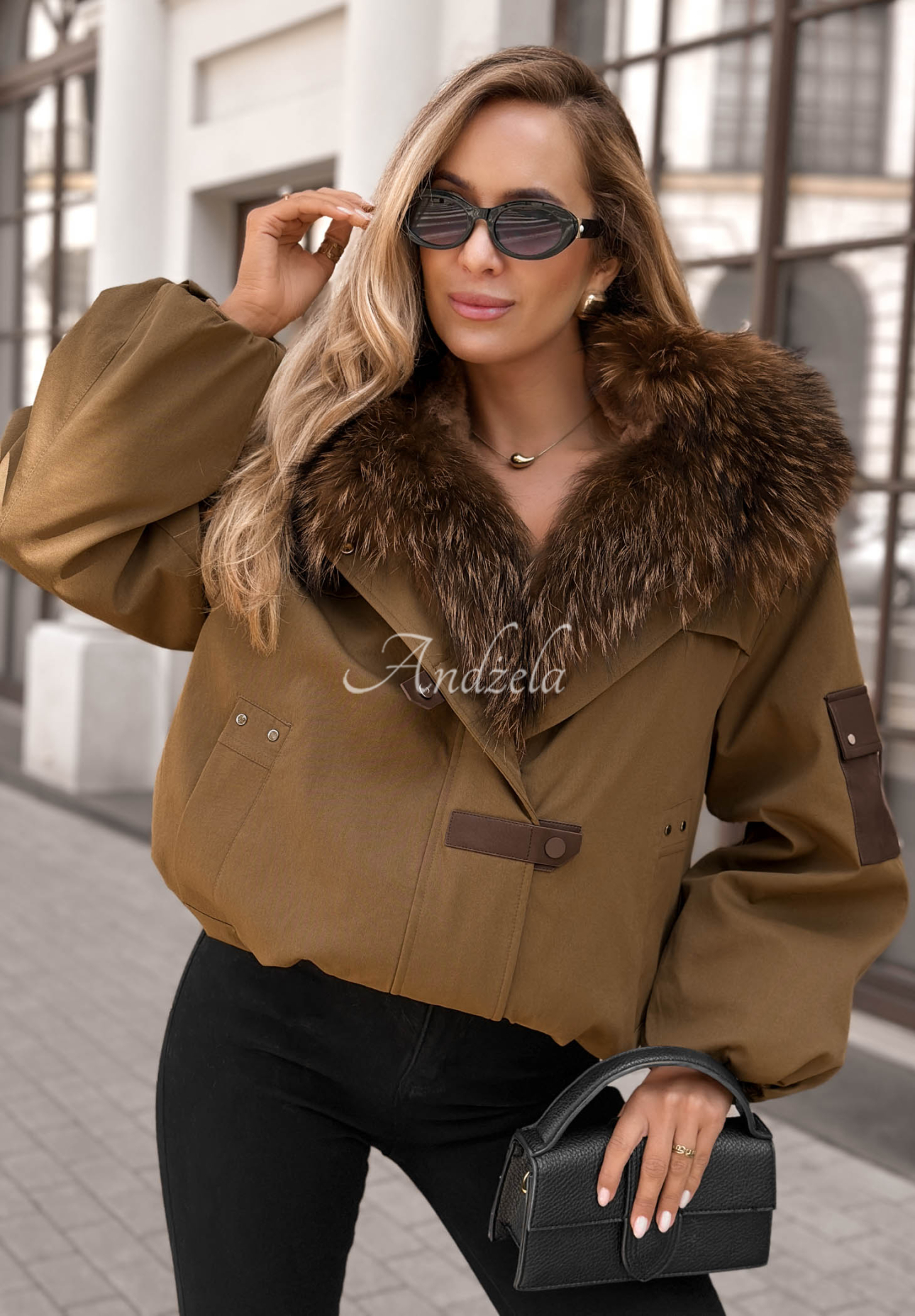 Cold North Short Parka Jacket with Fur Trim, Olive Green