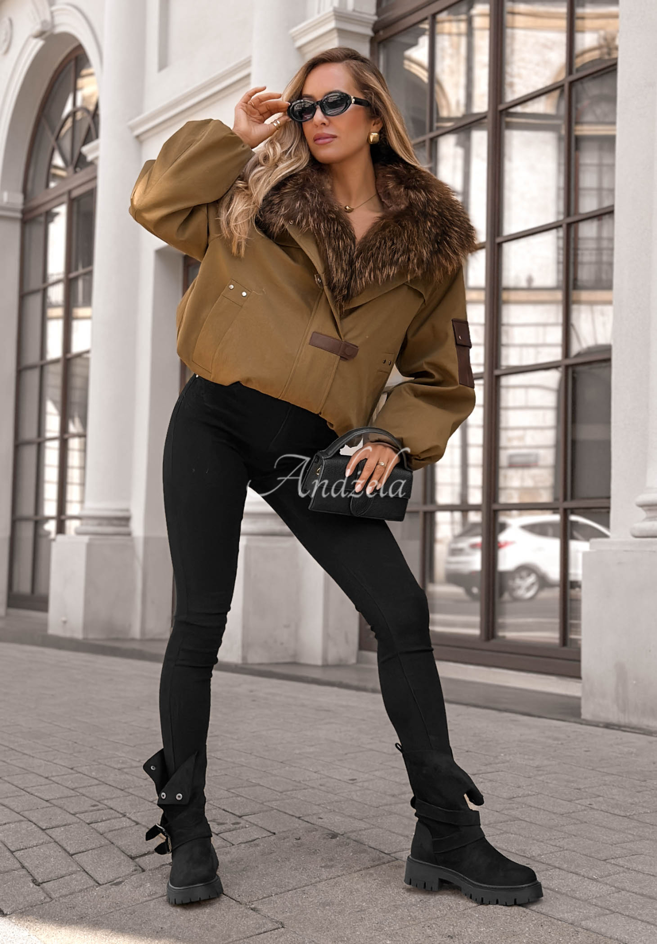 Cold North Short Parka Jacket with Fur Trim, Olive Green