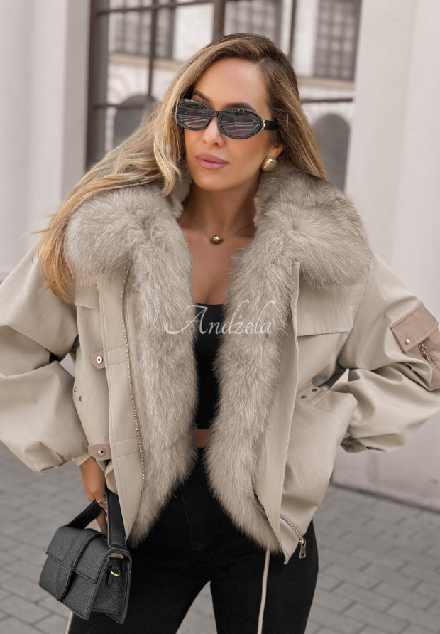 Cold North Short Parka Jacket with Fur Trim, Gray