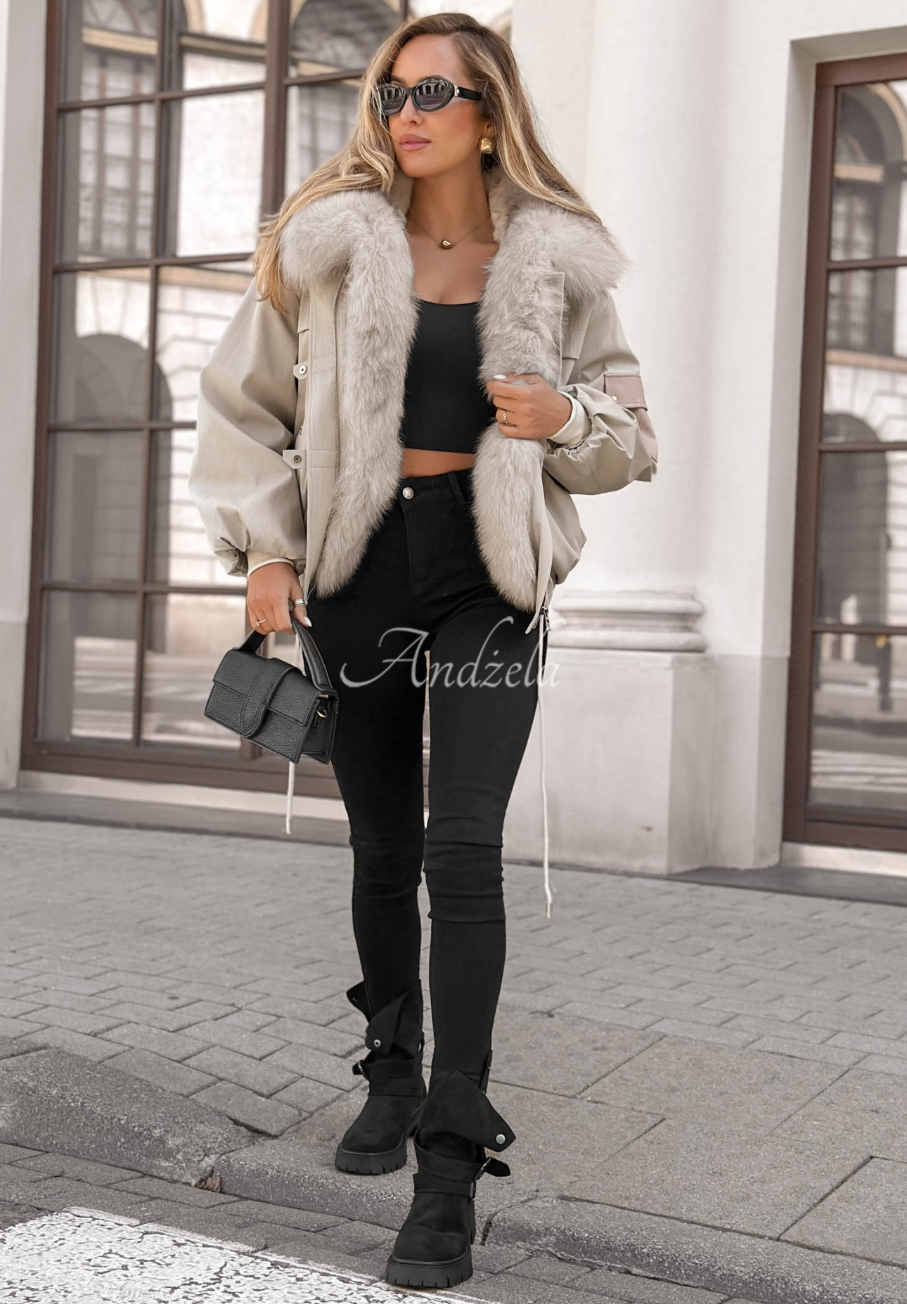 Cold North Short Parka Jacket with Fur Trim, Gray