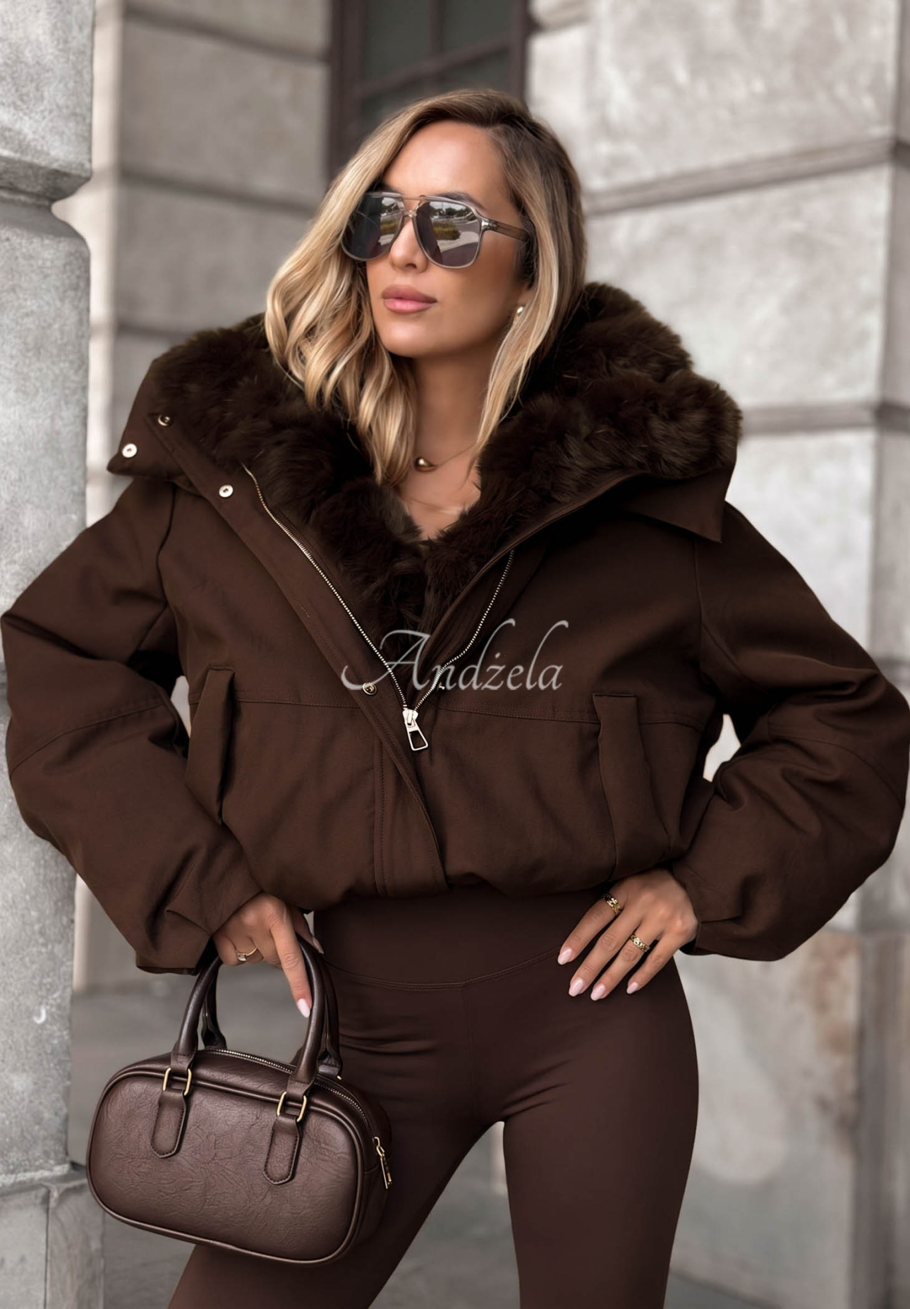 Frost Wind Short Down Jacket with Hood and Fur Trim, Chocolate Brown