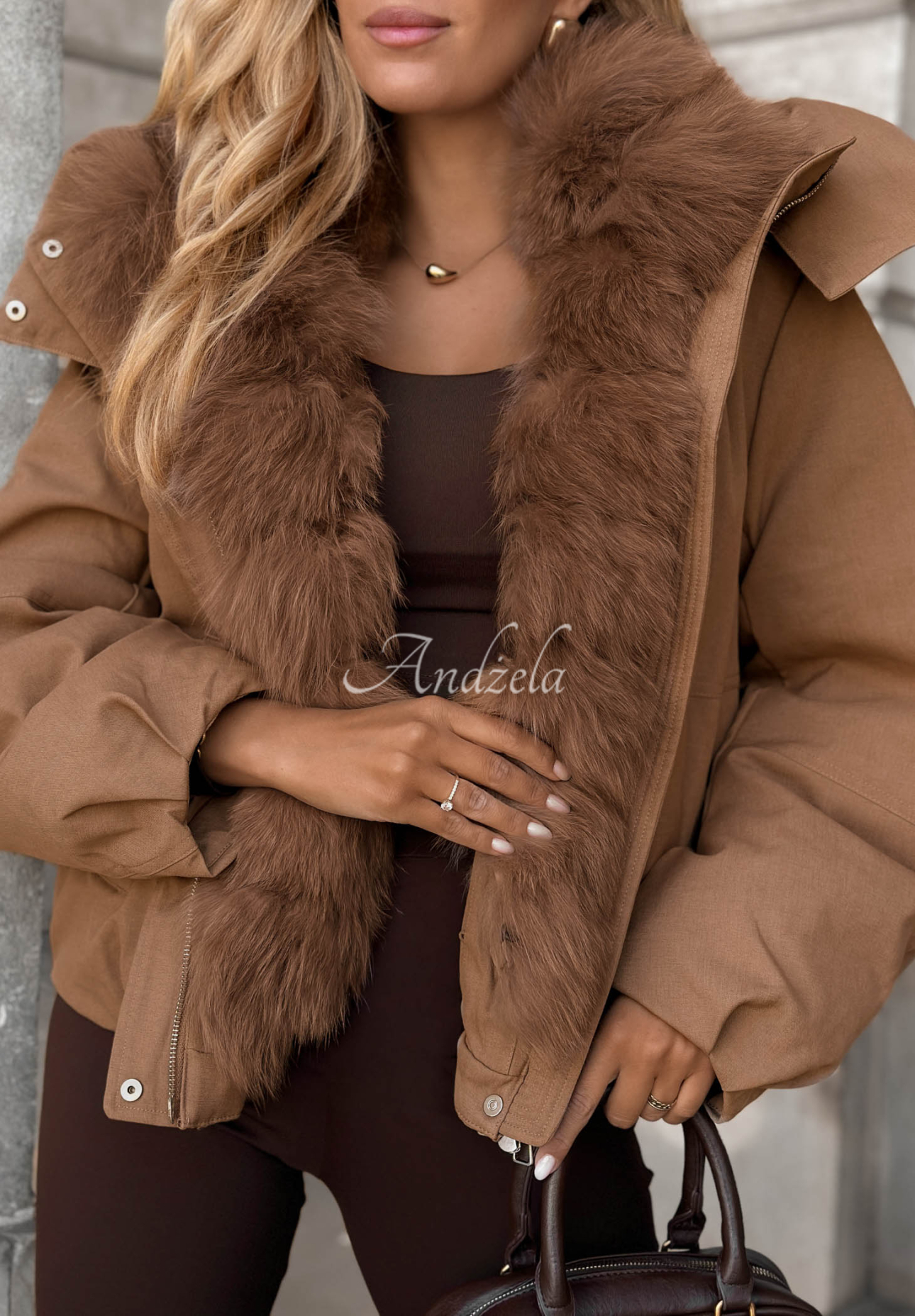 Frost Wind Short Down Jacket with Hood and Fur Trim in Camel