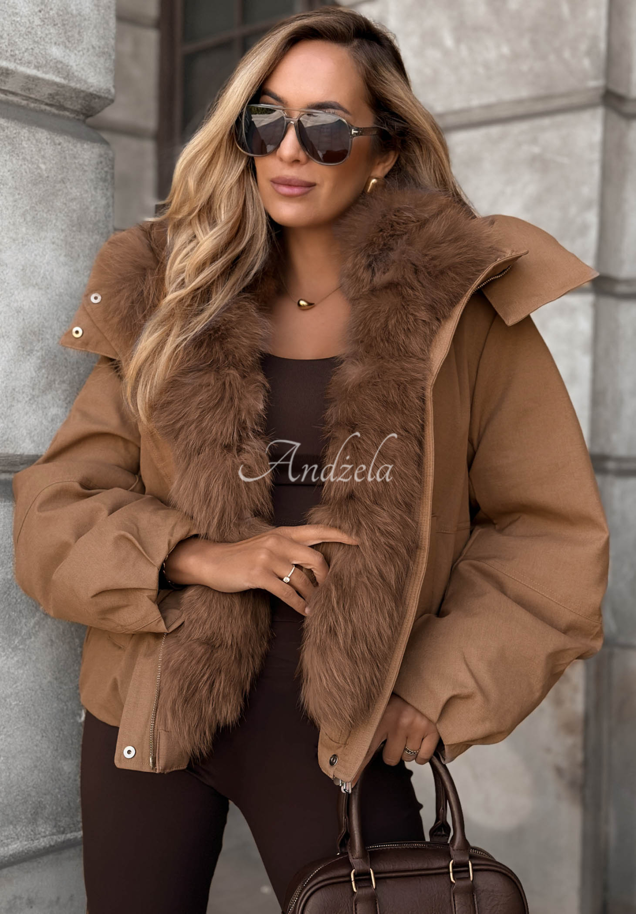 Frost Wind Short Down Jacket with Hood and Fur Trim in Camel