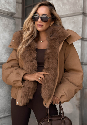 Frost Wind Short Down Jacket with Hood and Fur Trim in Camel