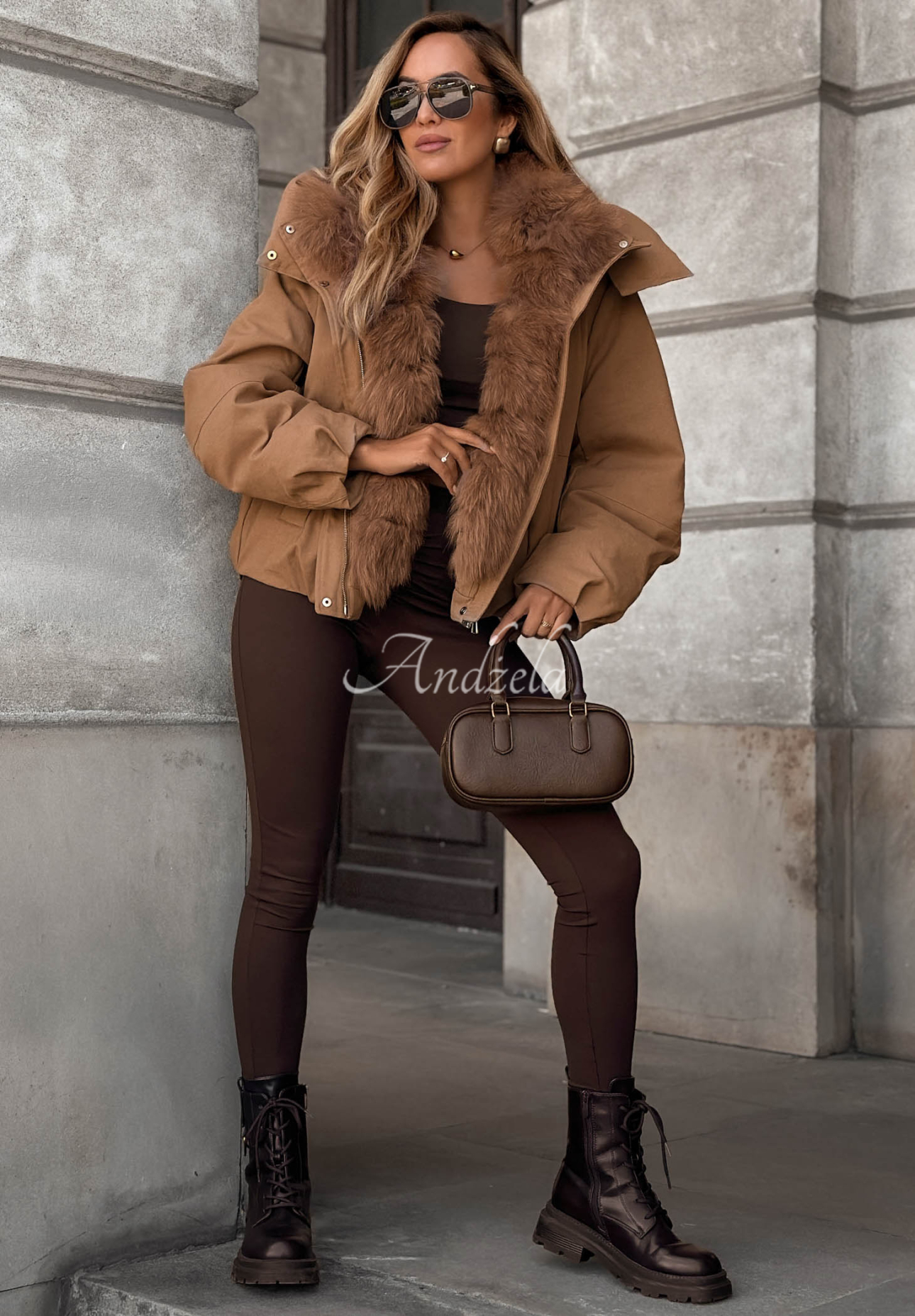 Frost Wind Short Down Jacket with Hood and Fur Trim in Camel