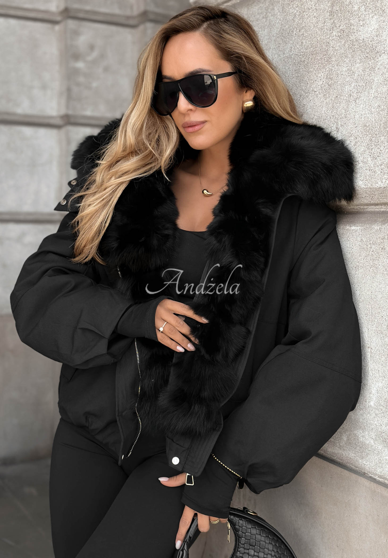 Frost Wind Short Down Jacket with Hood and Fur Trim, Black