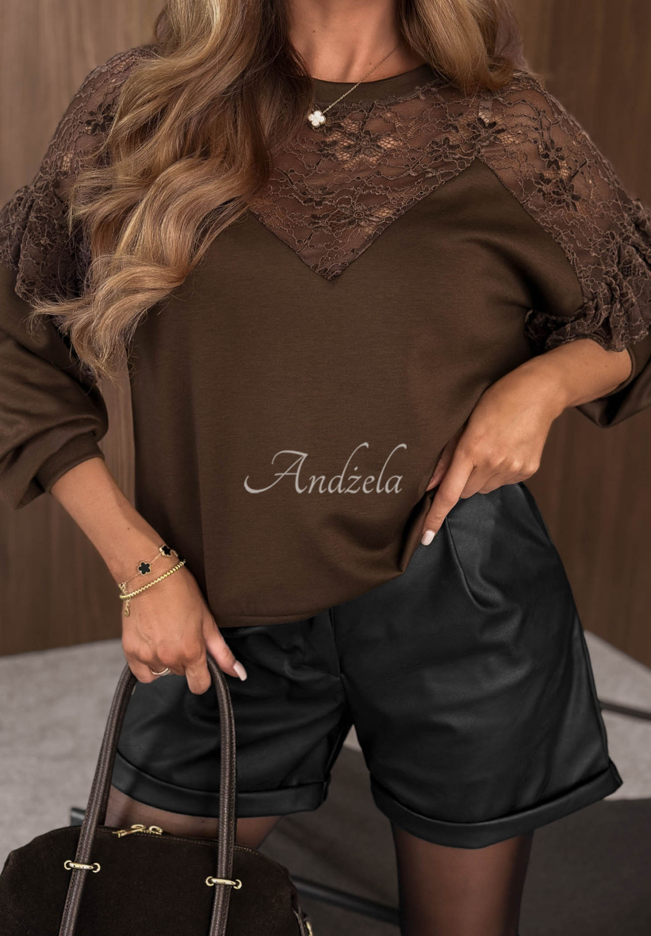 Soft Vibes Chocolate-Colored Sweatshirt with Lace Inserts