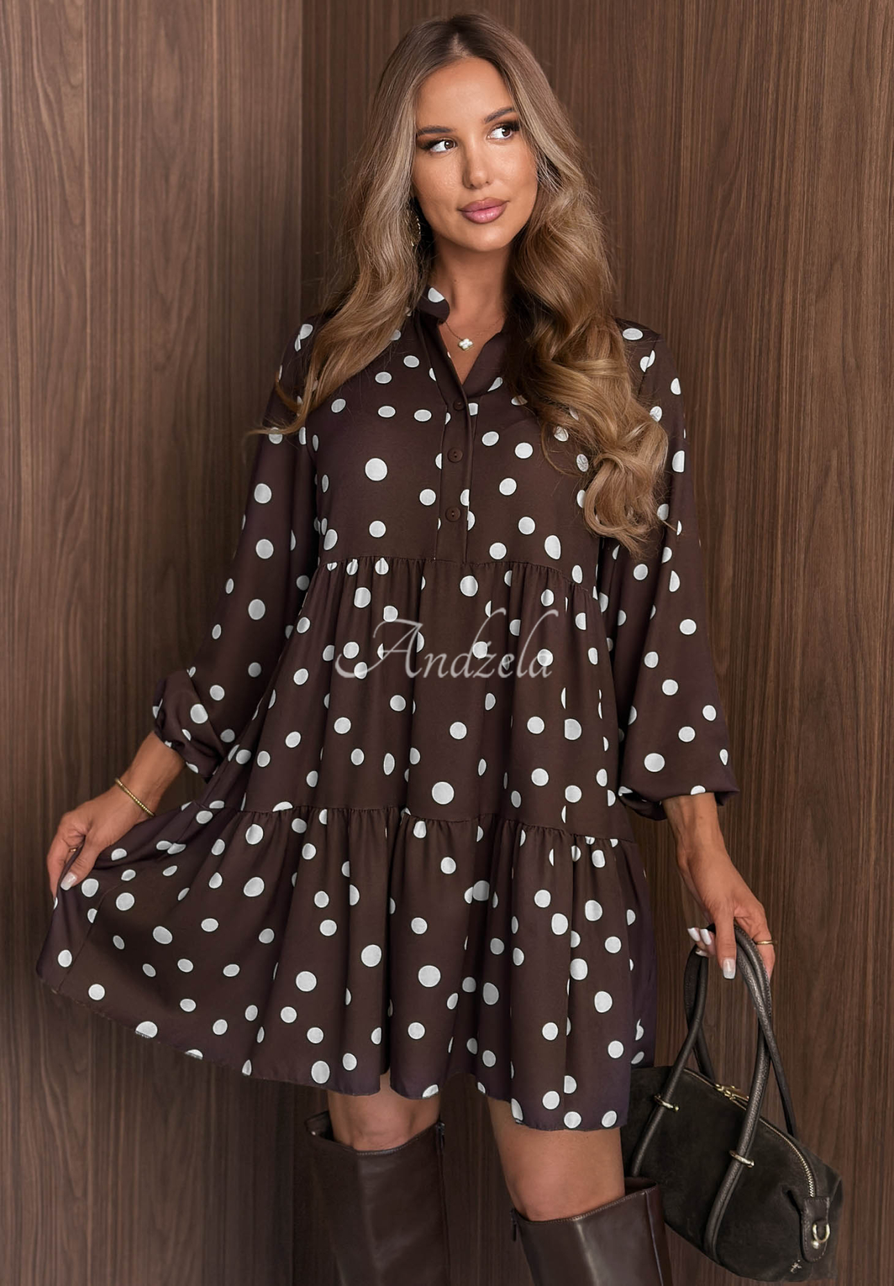 Modern Charm Chocolate-Colored Oversized Dress with Ruffles and Polka Dots