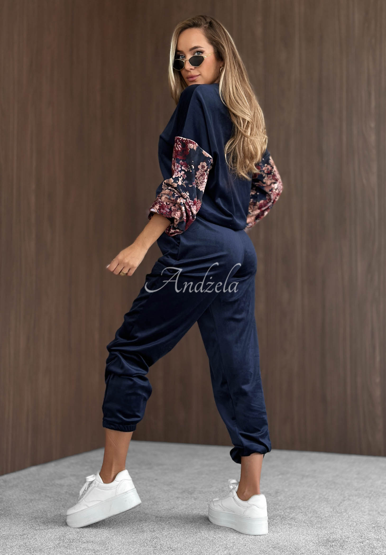 Flora Cold Navy Blue Floral-Printed Cotton Velour Sweatsuit Set