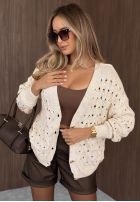 Krótki ażurowy kardigan z zapięciem Knit Haven beżowy