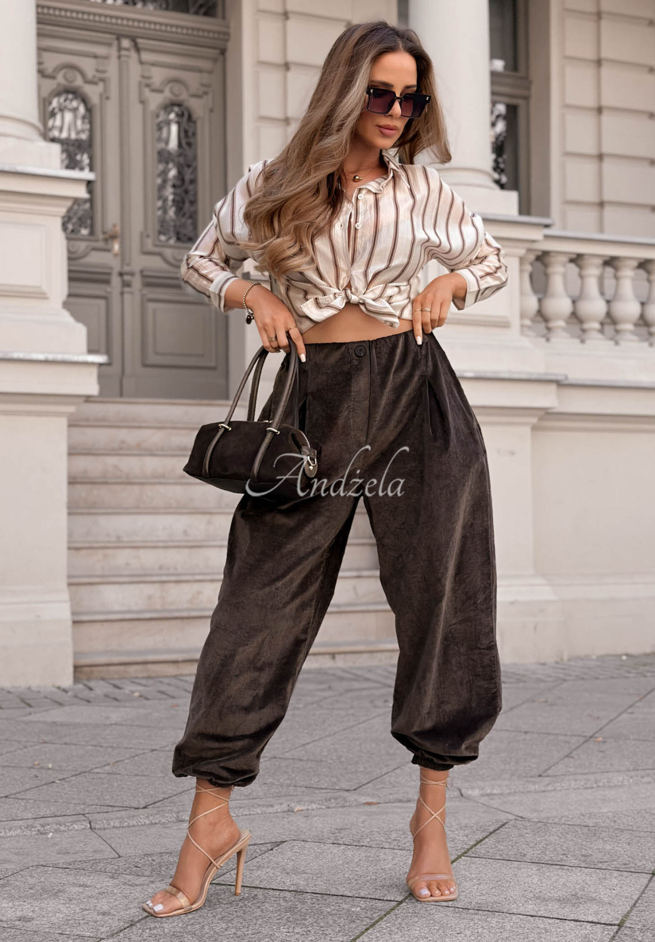 September Edit chocolate-colored cotton velour jogger pants