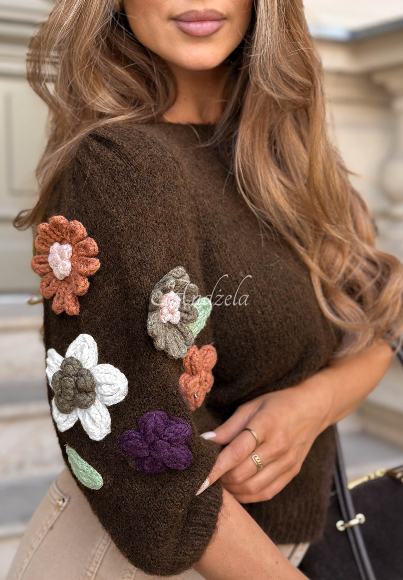Sweter na krótki rękaw z kwiatami Autumn Garden czekoladowy