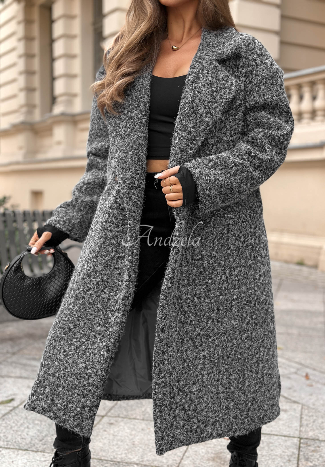 Hazel Harmony Long Shearling Coat with Collar in Gray Melange