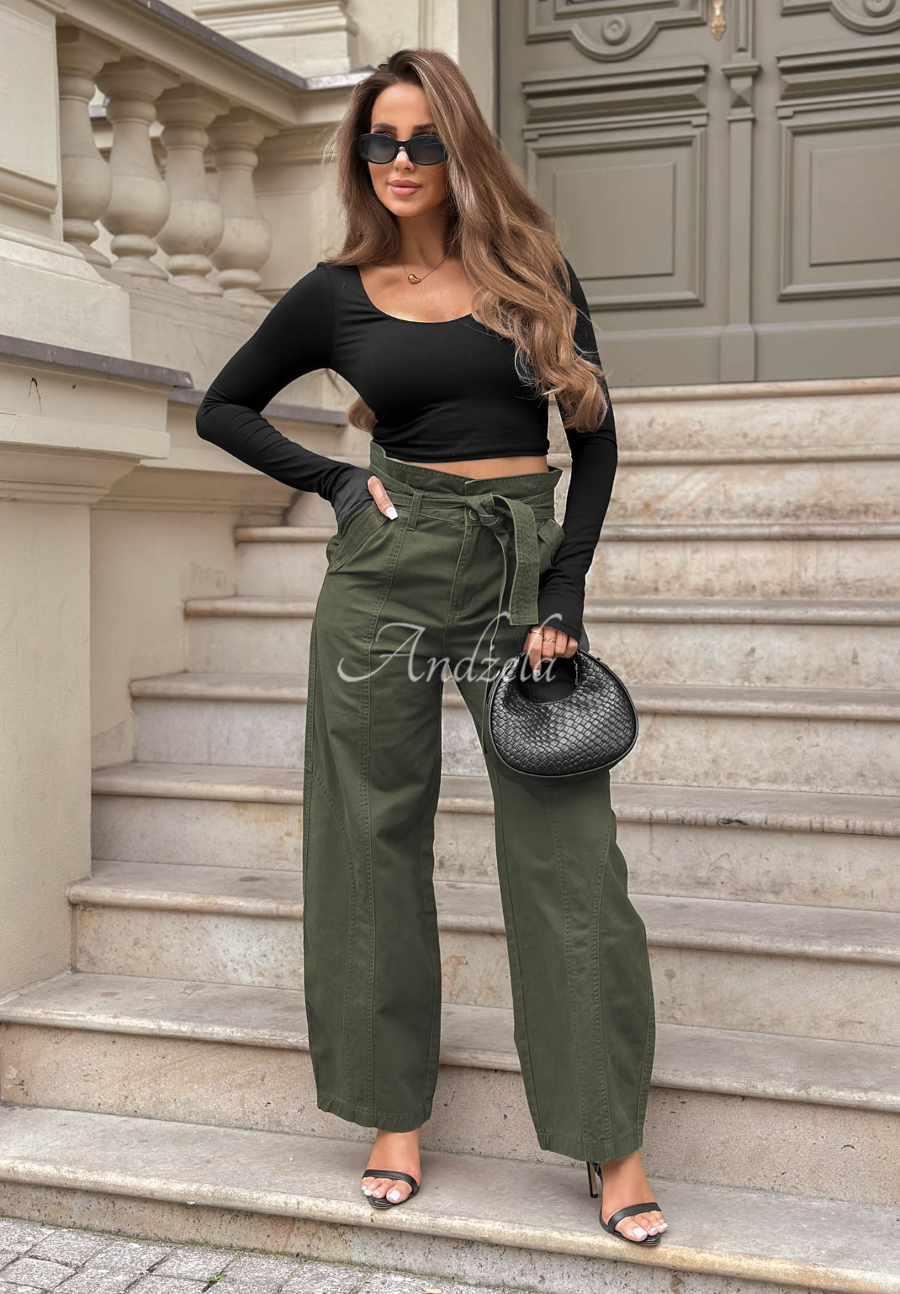 Spodnie jeansowe balloon z przeszyciami Honey Light khaki