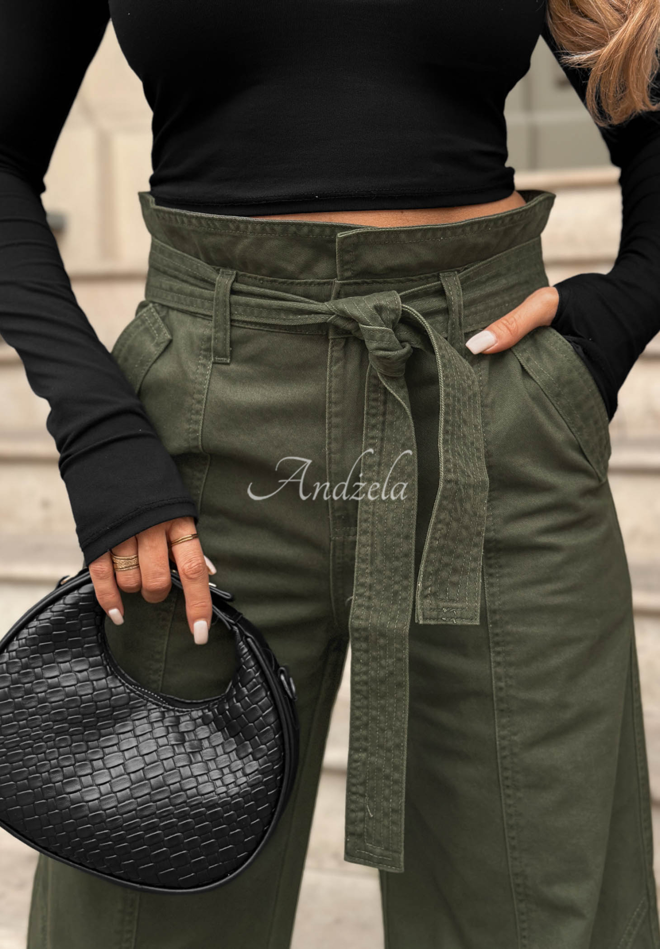 Spodnie jeansowe balloon z przeszyciami Honey Light khaki