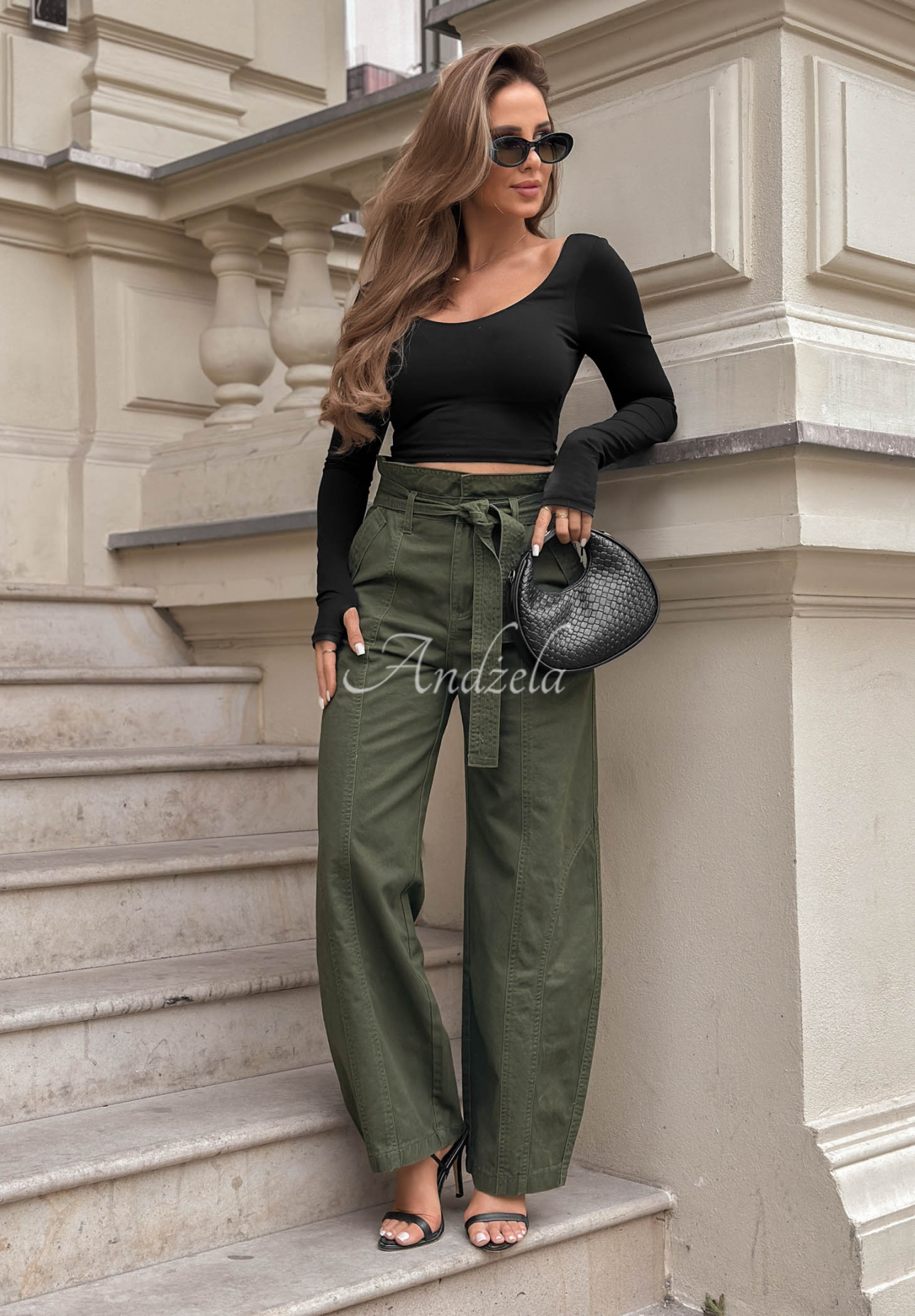 Spodnie jeansowe balloon z przeszyciami Honey Light khaki