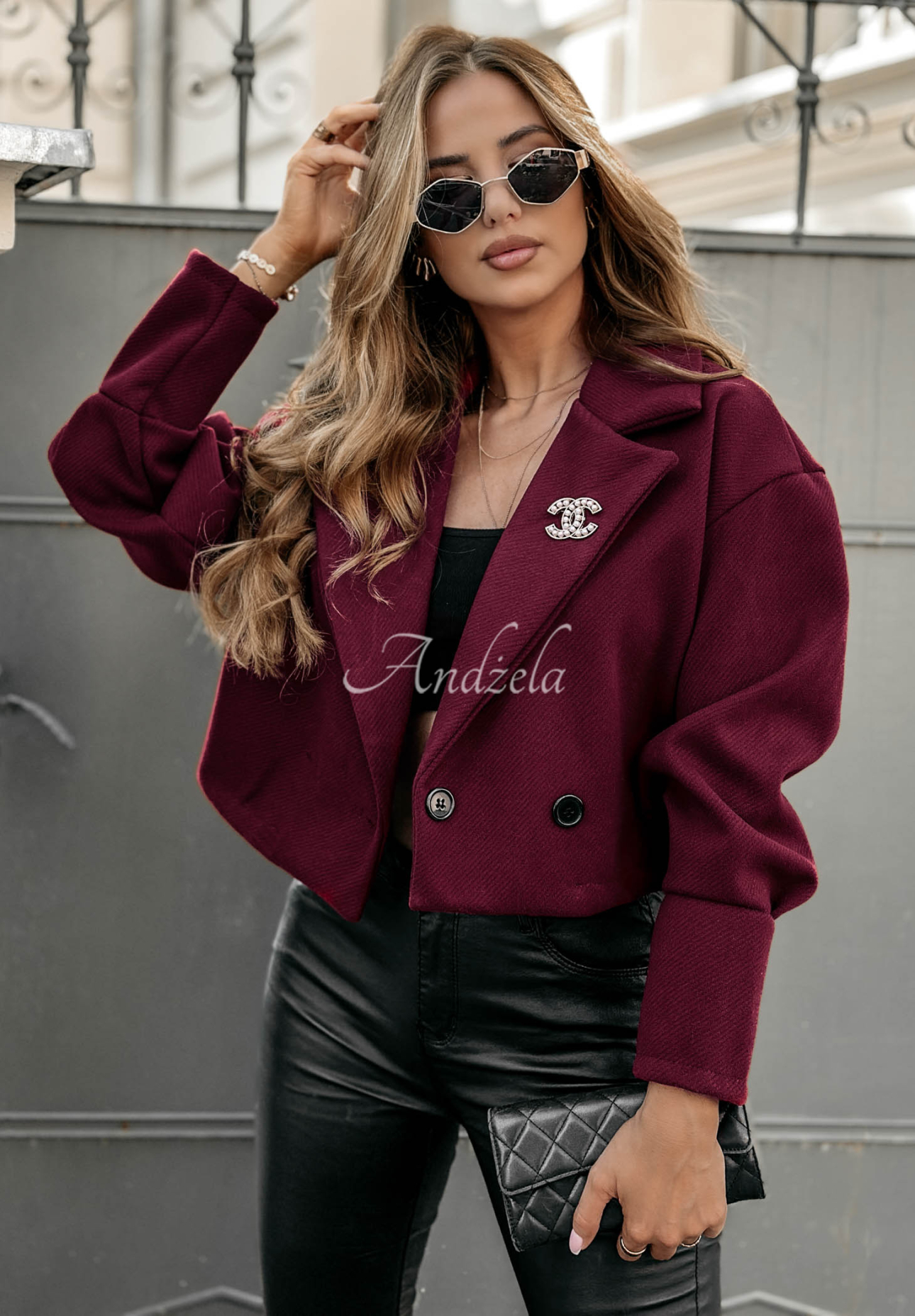 Krótki płaszcz z kołnierzem Casual Calm burgundowy