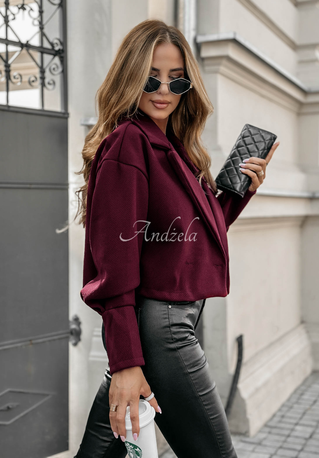 Krótki płaszcz z kołnierzem Casual Calm burgundowy