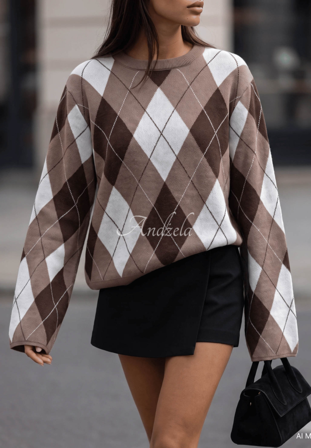Sweter w romby z wiskozy Cocomore Fluffy Dream mokka