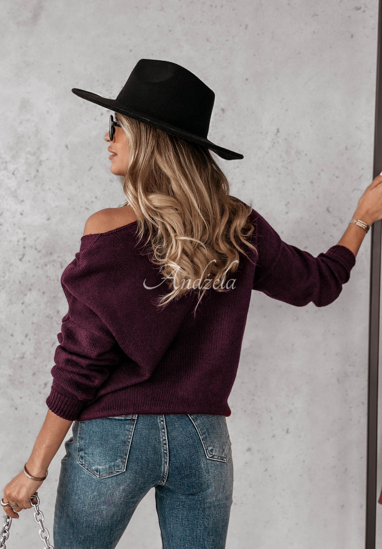 Caffe Latte Sweater with a Plum-Colored Neckline