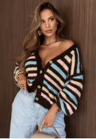 Sweter kardigan w paski z zapięciem Warm Romance niebiesko-czekoladowy