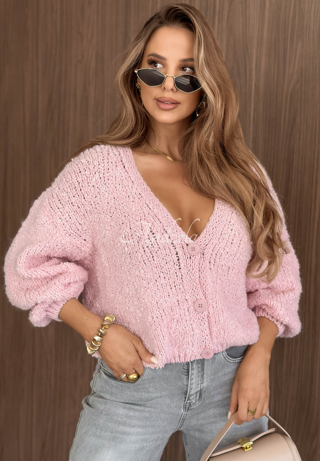 Kardigan oversize z wełną i alpaką Velvet Morning różowy