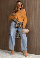 Lekki sweter z dekoltem Sensibility musztardowy