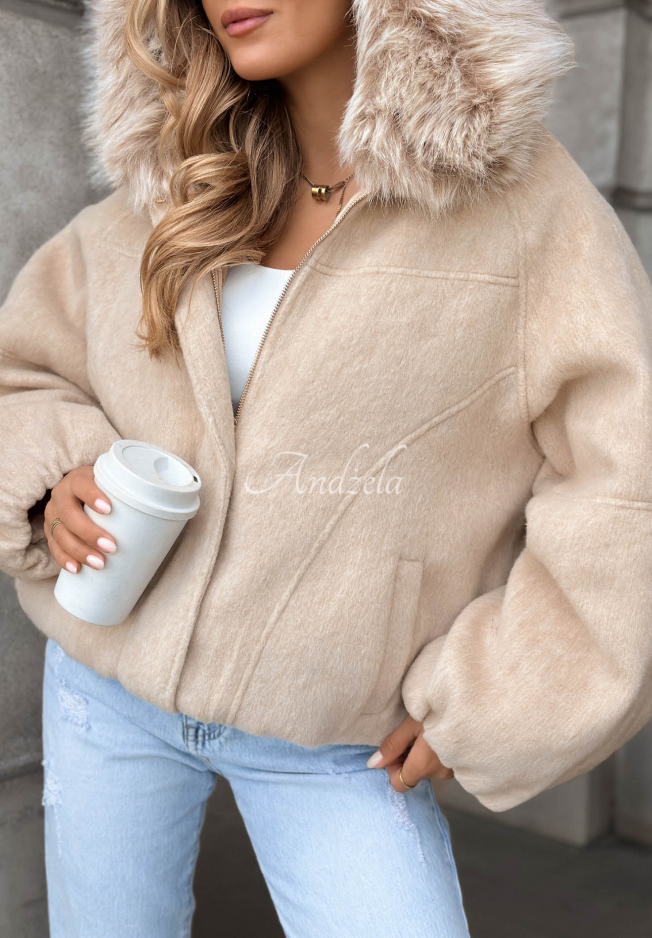 Cozy Story Short Bomber Jacket with Wool and Fur, Beige