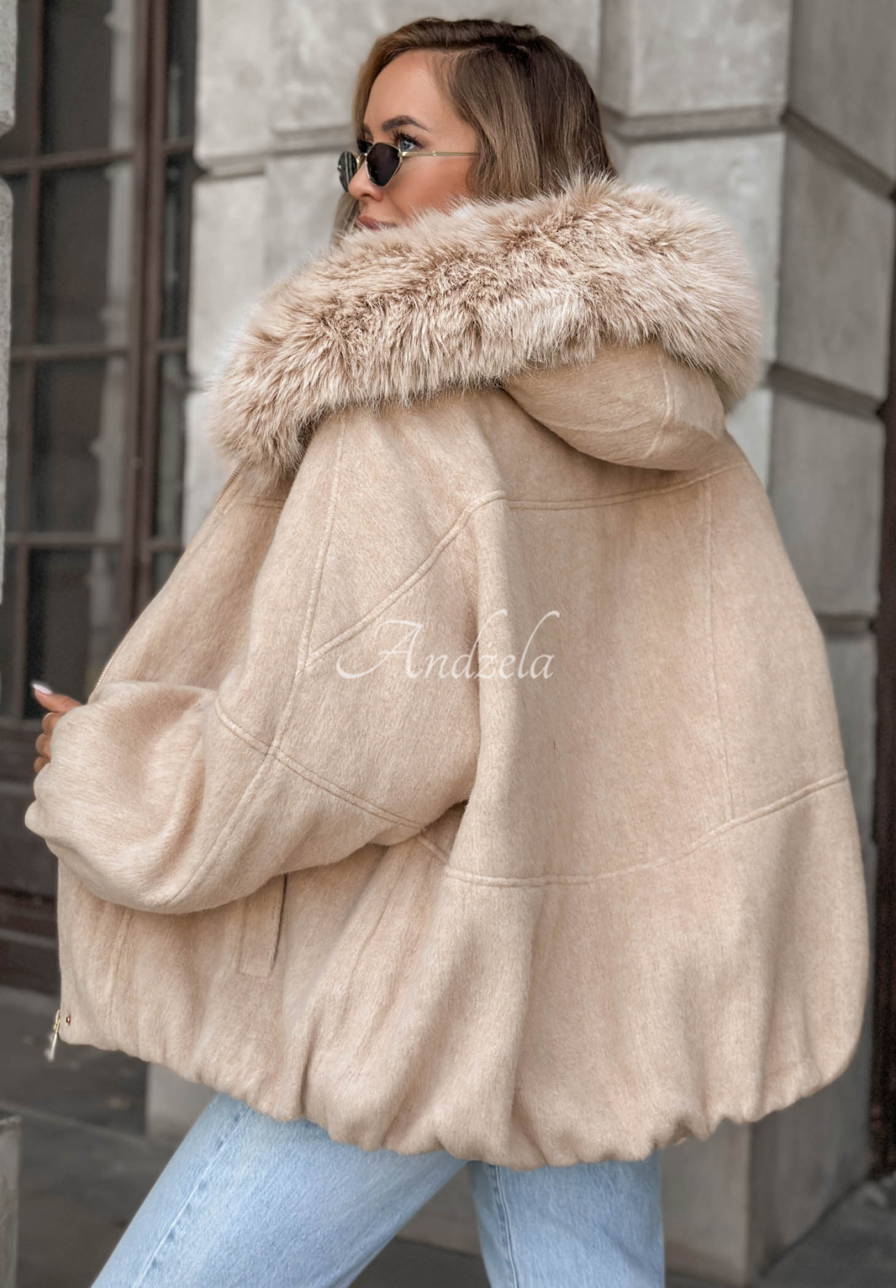 Cozy Story Short Bomber Jacket with Wool and Fur, Beige
