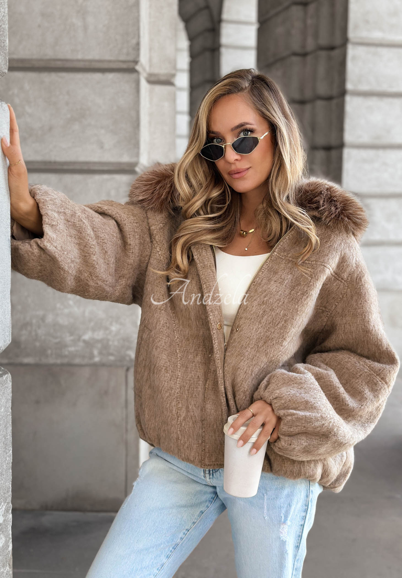 Cozy Story Short Bomber Jacket with Wool and Fur, Mocha