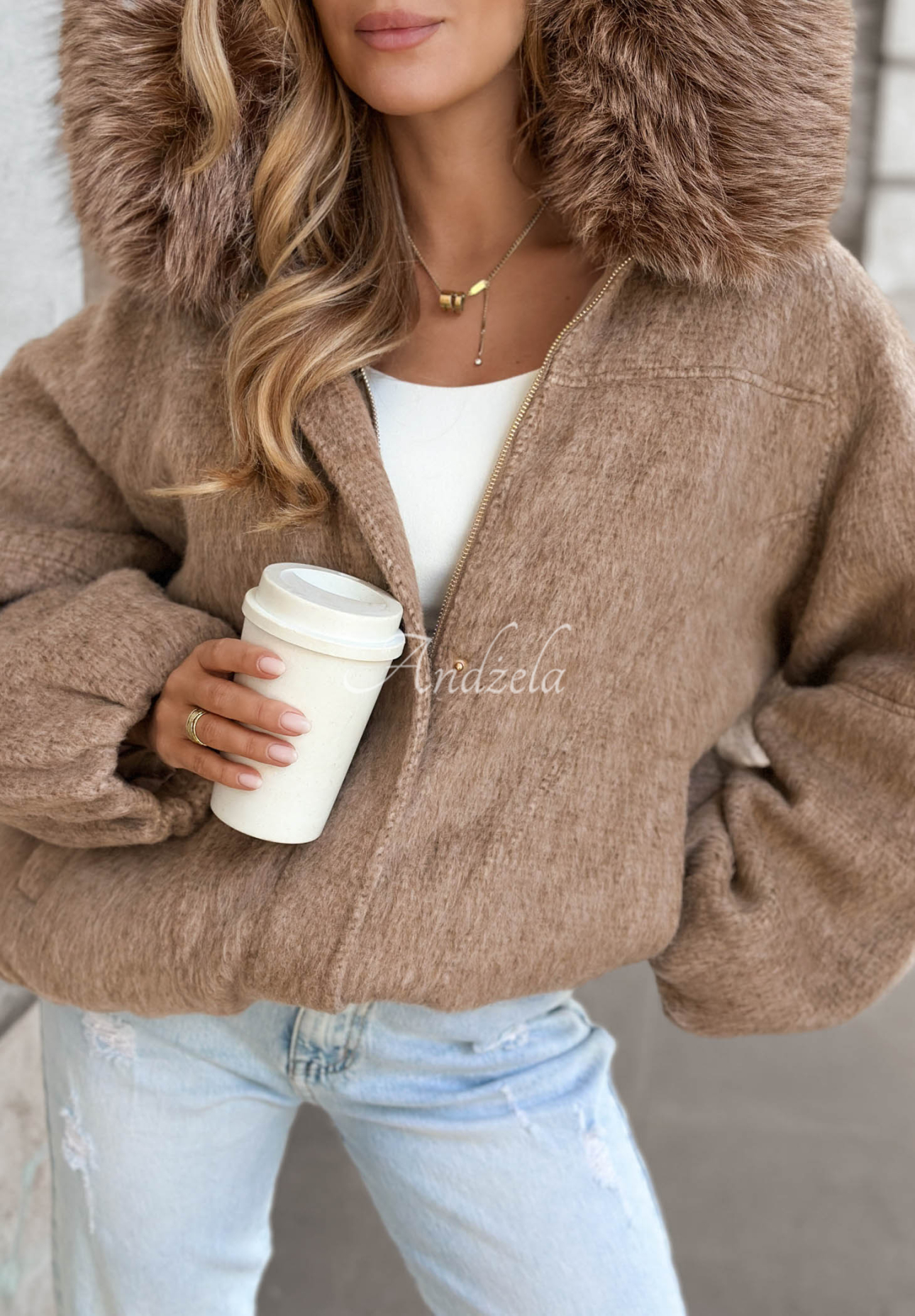 Cozy Story Short Bomber Jacket with Wool and Fur, Mocha