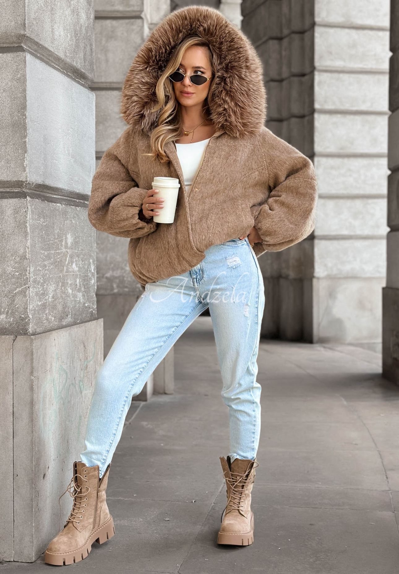 Cozy Story Short Bomber Jacket with Wool and Fur, Mocha