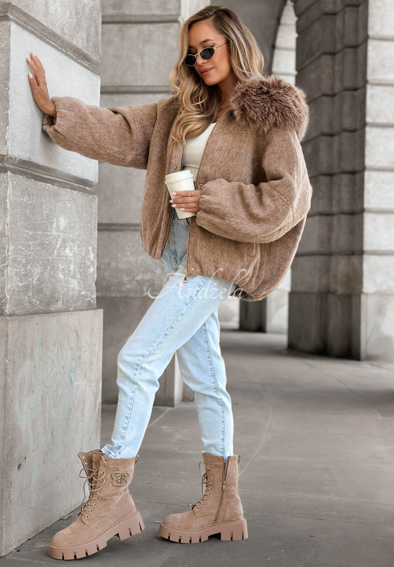 Cozy Story Short Bomber Jacket with Wool and Fur, Mocha
