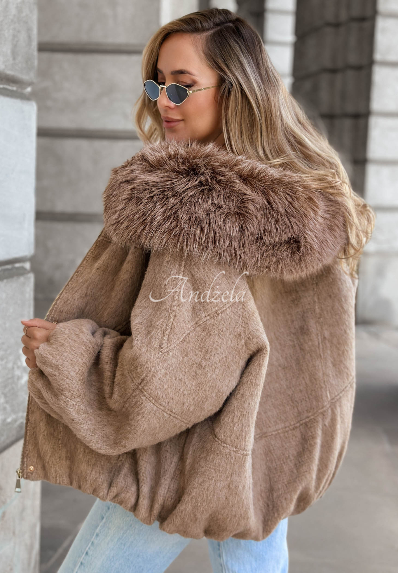 Cozy Story Short Bomber Jacket with Wool and Fur, Mocha